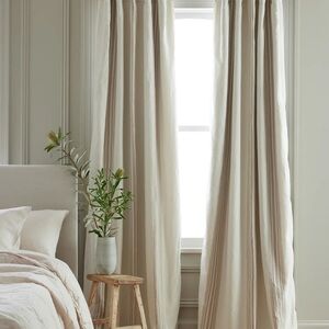 Quince Coastal Stripe Linen Cotton True Blackout Curtain Set